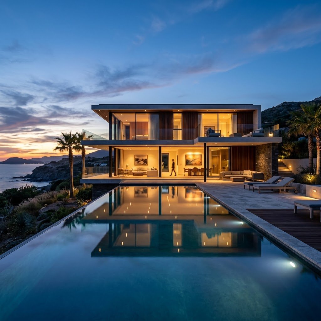Casa contemporánea frente al mar al atardecer